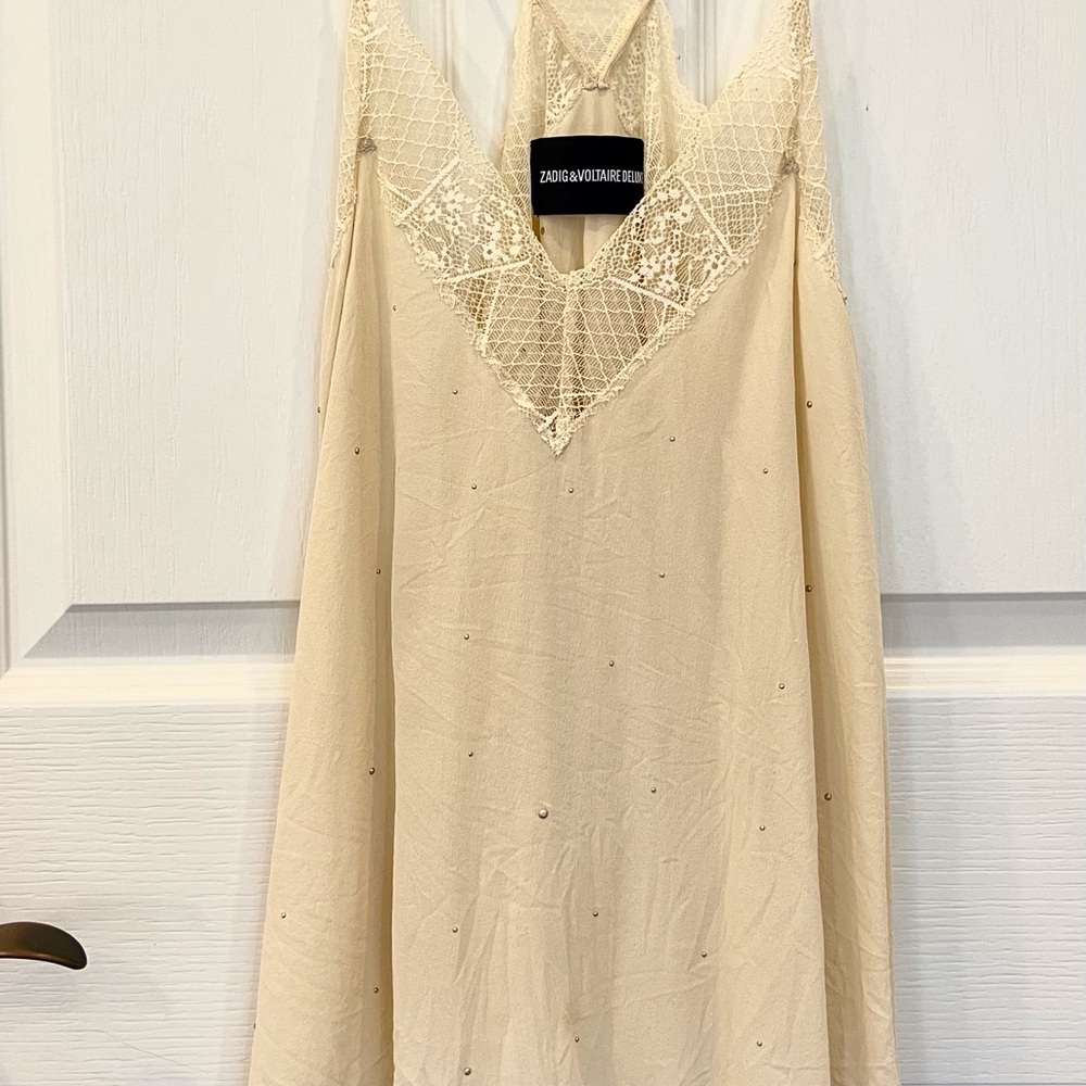 Zadig and Voltaire Cream Lace Trim Silk Slip Camisole Tank Top